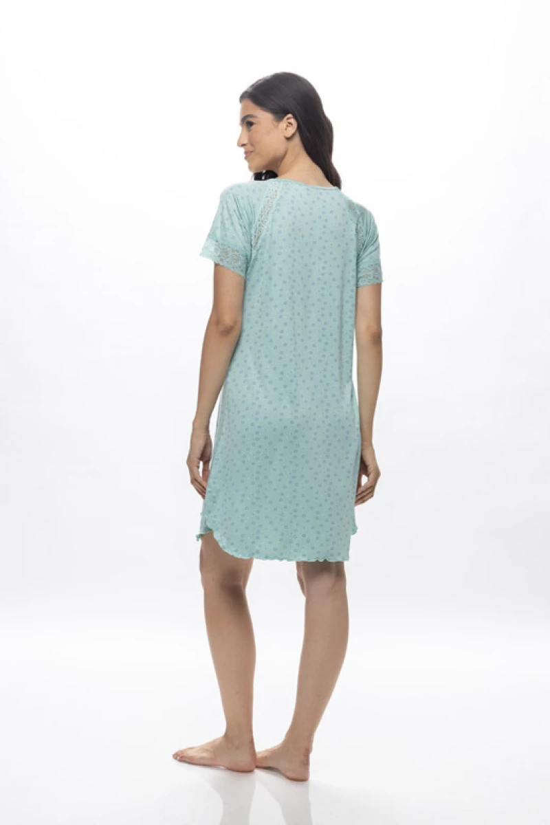 Γυναικείο νυχτικό Galaxy - Μέντα με ανθάκια - Mini - Regular Fit - Viscose