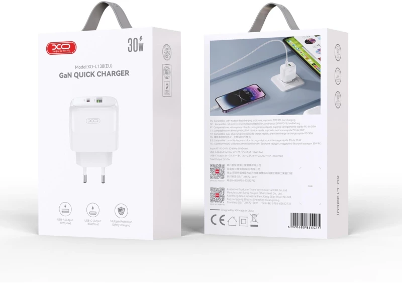 XO L138 ΦΟΡΤΙΣΤΗΣ 30W GAN NITRIDE 1 ΘΥΡΑ USB + 1 ΘΥΡΑ PD, ΛΕΥΚΟΣ