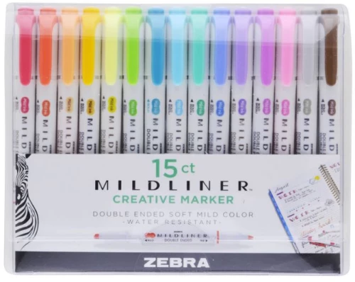 Zebra Mildliner Double Ended Marker Bold & Fine Point 15 Pack Soft & Mild Set (ZB-78115) (ZEB78115)