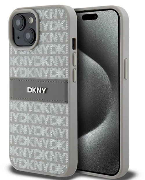 DKNY case for iPhone 15 6,1" DKHCP15SPRTHSLE beige HC PU repeat texture pattern w tonal stripe 3666339260538