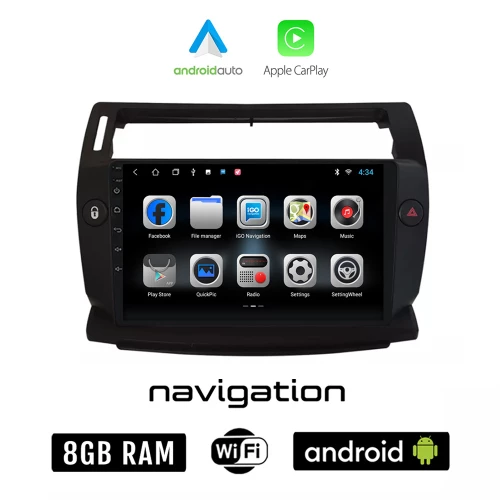 CITROEN C4 (2004 - 2010) Android οθόνη αυτοκίνητου 8GB + 128GB με GPS WI-FI (ηχοσύστημα αφής 9" ιντσών OEM Android Auto Apple Carplay Youtube Playstore MP3 USB Radio Bluetooth Mirrorlink εργοστασιακή, 4x60W μαύρο)