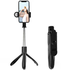 Techsuit - Selfie Stick (S01-S) - Compact Tripod Mount with Bluetooth Remote Control, LED Fill Light, Foldable, 70cm - Black