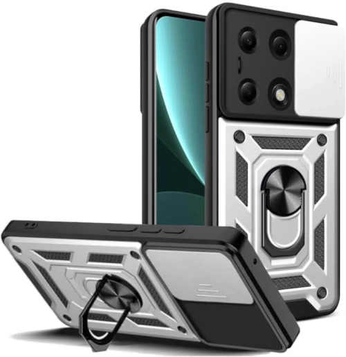 Ανθεκτική Θήκη με Κάλυμμα για την Κάμερα & Μεταλλικό Ring Holder - Xiaomi Redmi Note 13 Pro 4G / Poco M6 Pro 4G - Bodycell Armor Slide - Silver (5206015074813)