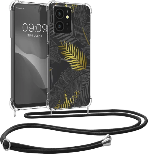 KWmobile Διάφανη Θήκη Σιλικόνης με Λουράκι Λαιμού - Xiaomi Redmi Note 12 4G - Palm Leaves / Yellow / Grey / Transparent (61174.02)