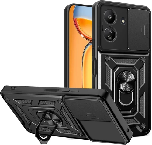 Spacecase Camring - Ανθεκτική Θήκη Xiaomi Redmi 13C 4G / Poco C65 με Κάλυμμα για την Κάμερα & Μεταλλικό Ring Holder - Black (5905719105952)