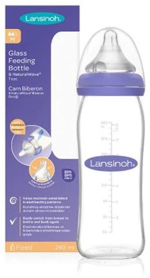 Lansinoh Μπιμπερό Γυάλινο με NaturalWave Θηλή Mεσαίας Ροής 240ml.