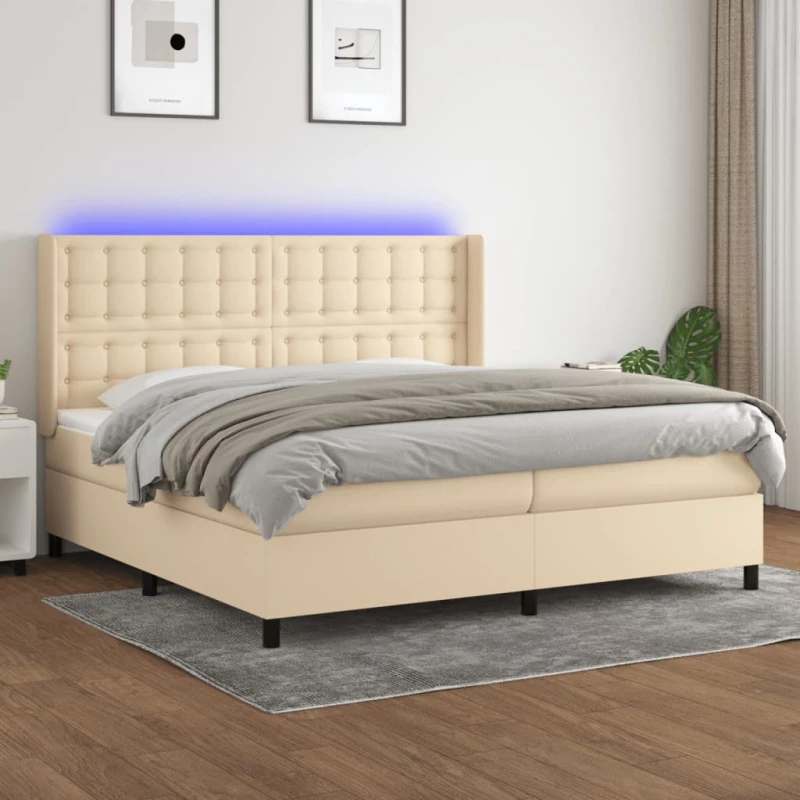 Κρεβάτι Boxspring με Στρώμα & LED Κρεμ 200x200 εκ. Υφασμάτινο Κρεμ 3138666