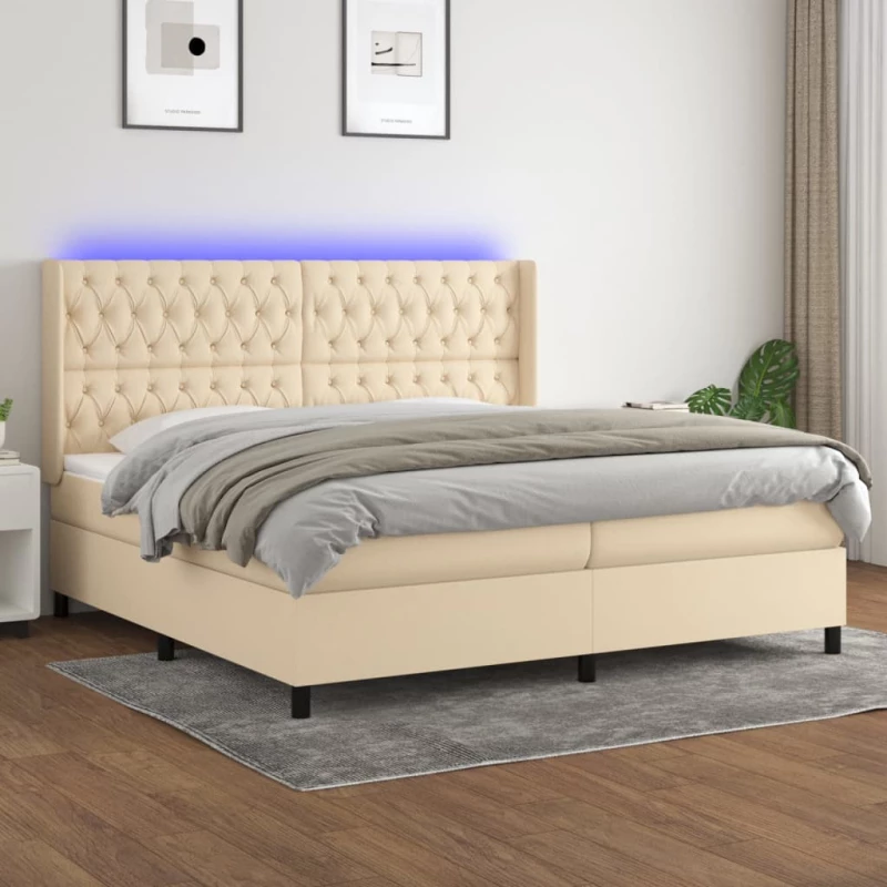 Κρεβάτι Boxspring με Στρώμα & LED Κρεμ 200x200 εκ. Υφασμάτινο Κρεμ 3138586
