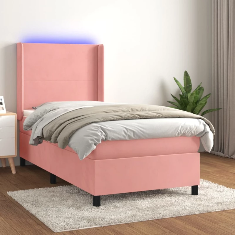 Κρεβάτι Boxspring με Στρώμα & LED Ροζ 90x190 εκ. Βελούδινο Ροζ 3139420