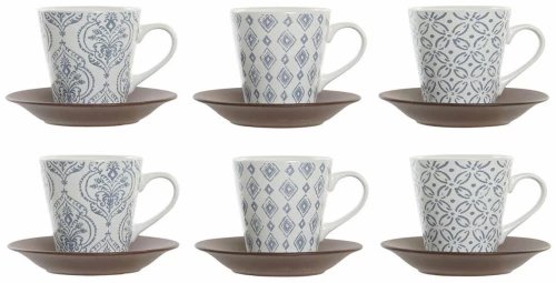 Σετ Κούπες Καφέ DKD Home Decor Μπλε Καφέ ξύλο καουτσούκ Λευκό Πήλινα 150 ml S3037311