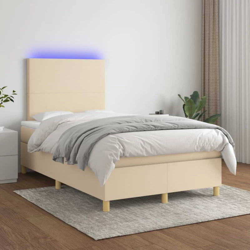 Κρεβάτι Boxspring με Στρώμα & LED Κρεμ 120x200 εκ. Υφασμάτινο Κρεμ 3135266