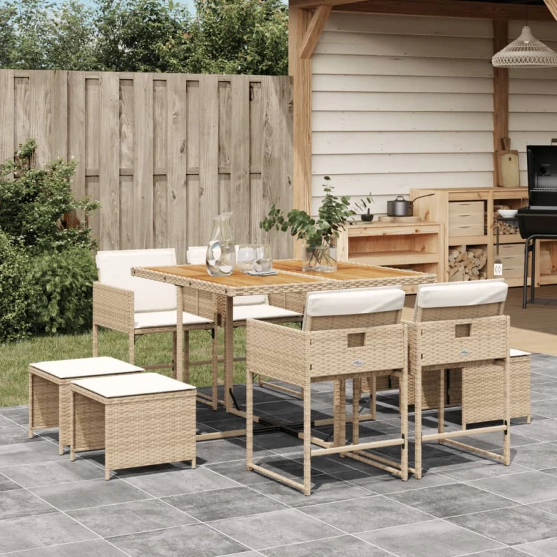 Σετ Τραπεζαρίας Κήπου 9 τεμ. Μπεζ Συνθετικό Ρατάν με Μαξιλάρια Μπεζ 3278091