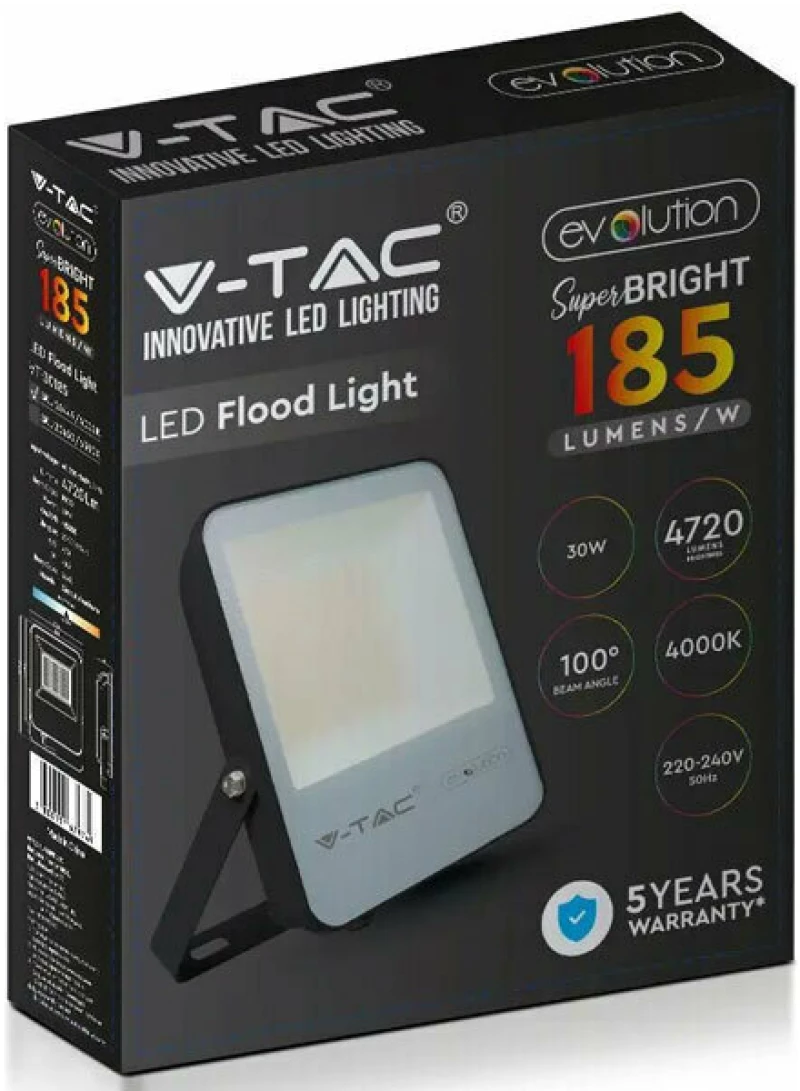 V-TAC Προβολέας LED Samsung chip 30W ψυχρό λευκό 6400K μαύρο σώμα 185lm/W Evolution 20450