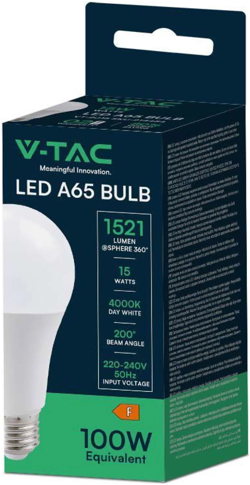 V-TAC Λαμπτήρας LED A65 E27 15W 230V 200° 1521lm IP20 Ψυχρό Λευκό 214455