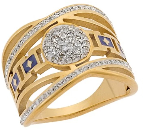 Δαχτυλίδι Senza Gold Plated Steel, Χιαστί φαρδύ με λευκές πέτρες και μπλε σχέδια
