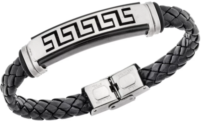Βραχιόλι Senza Men's Steel, Ατσάλι με μαίανδρο και μαύρη δερματίνη