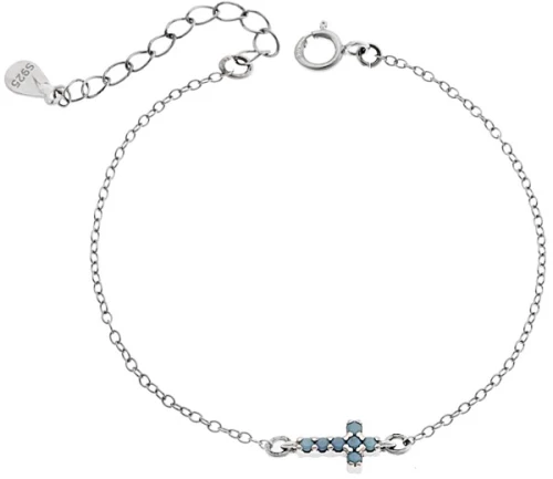 Βραχιόλι Senza Silver 925, σταυρός με τυρκουάζ & λευκά ζιργκόν διπλής όψης