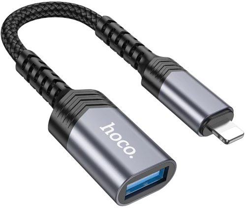 Αντάπτορας Hoco UA24 Lightning σε USB με Λειτουργία OTG 480Mbps Δυνατότητα Φόρτισης 5V/2A και Κοντό Anti-bending Καλώδιο Γκρι