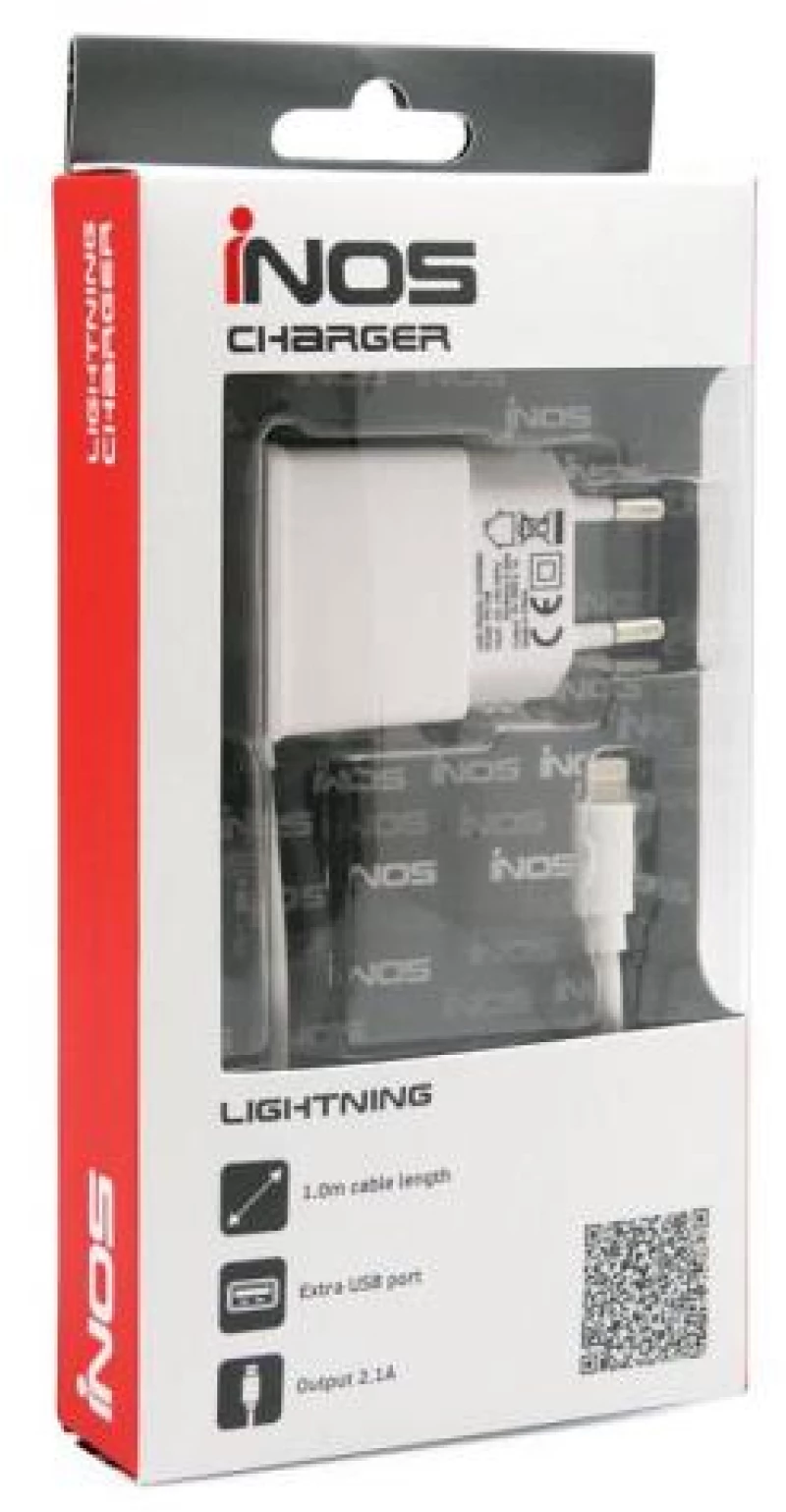 Φορτιστής Ταξιδίου inos Lightning με Extra Έξοδο USB Λευκό 2.1A