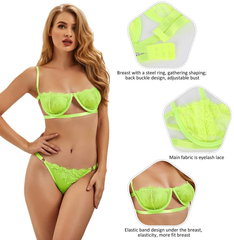 Neon Custom High Quality Beautiful Lingerie Lace Bra Set With Steel ring