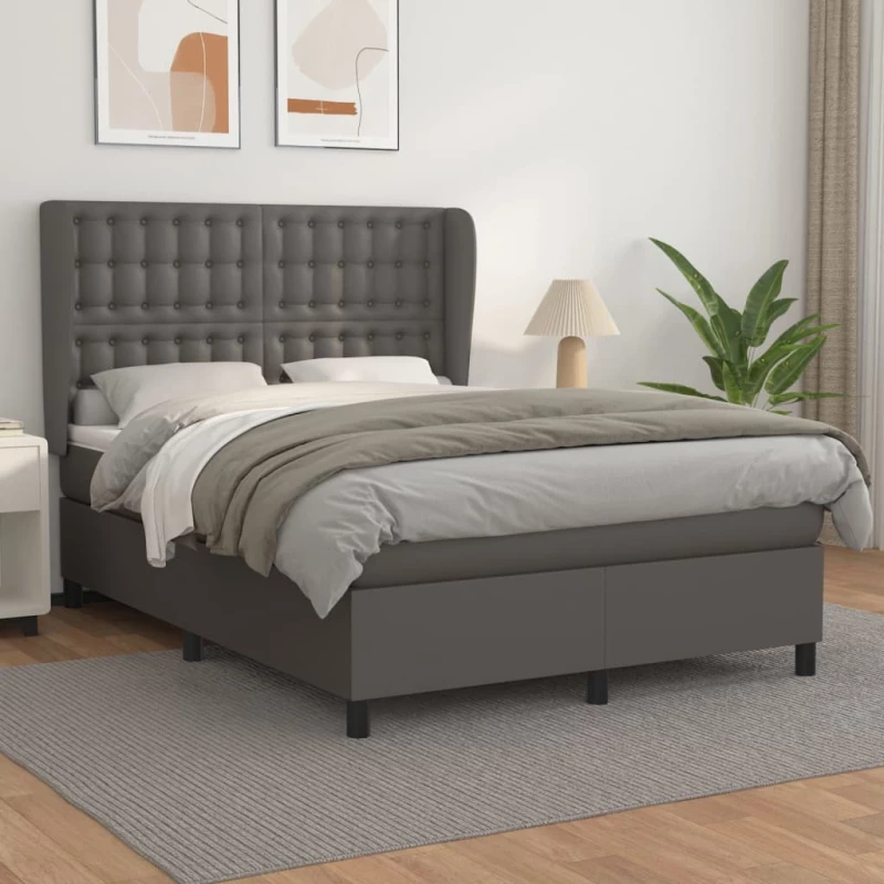 vidaXL Κρεβάτι Boxspring με Στρώμα Γκρι 140x190εκ. από Συνθετικό Δέρμα