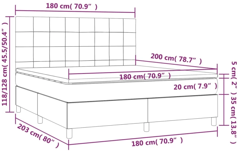 vidaXL Κρεβάτι Boxspring με Στρώμα & LED Taupe 180x200 εκ. Υφασμάτινο