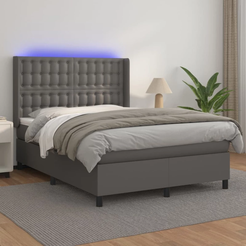 vidaXL Κρεβάτι Boxspring με Στρώμα & LED Γκρι 140x190 εκ. Συνθ. Δέρμα