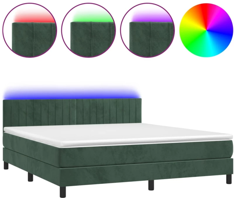 vidaXL Κρεβάτι Boxspring με Στρώμα & LED Σκ. Πράσινο 160x200εκ Βελούδο
