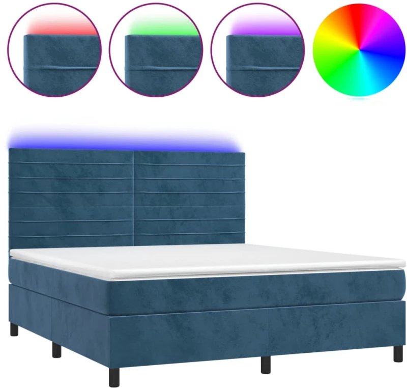 vidaXL Κρεβάτι Boxspring με Στρώμα & LED Σκ. Μπλε 160x200εκ. Βελούδινο
