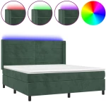 vidaXL Κρεβάτι Boxspring με Στρώμα & LED Σκ. Πράσινο 180x200εκ Βελούδο