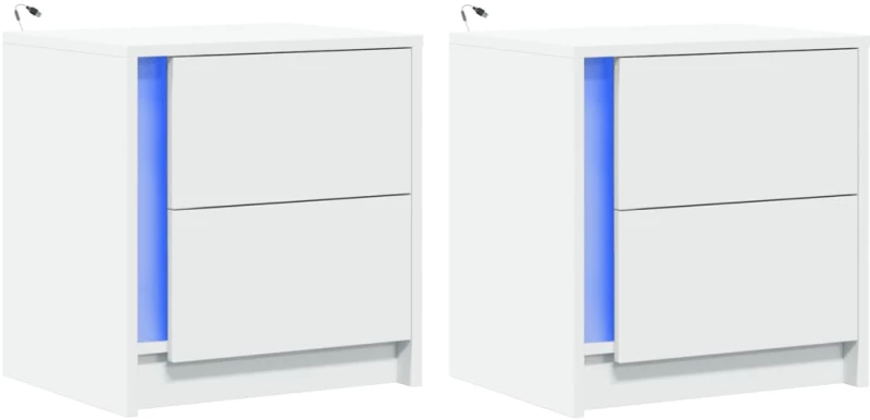 vidaXL Κομοδίνα με Φώτα LED 2 τεμ. Λευκά από Επεξεργασμένο Ξύλο