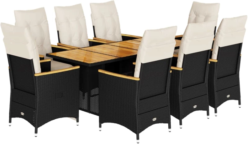 vidaXL Σετ Επίπλων Bistro Κήπου 9 τεμ Μαύρο Συνθετ. Ρατάν με Μαξιλάρια