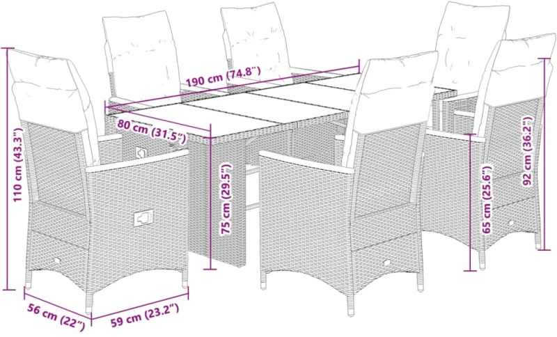vidaXL Σετ Επίπλων Bistro Κήπου 7 τεμ Μαύρο Συνθετ. Ρατάν με Μαξιλάρια