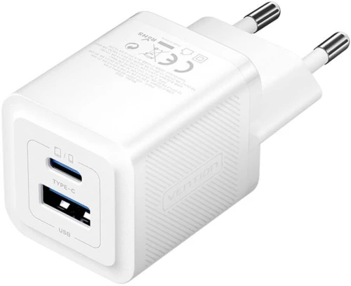 Wall charger, Vention, FEQW0-EU,  USB-C + USB- A,  30W/30W , GaN (white)
