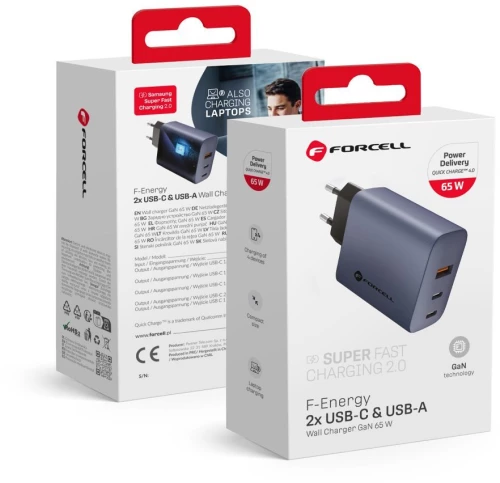 FORCELL F-ENERGY GaN VT-42B travel charger 2 x Type C + USB A PD QC4.0 4A 65W gray