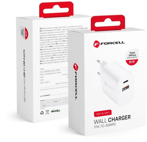 FORCELL F-ENERGY TFK-TC-30WPD travel charger Type C + USB A PD QC4.0 3A 30W white
