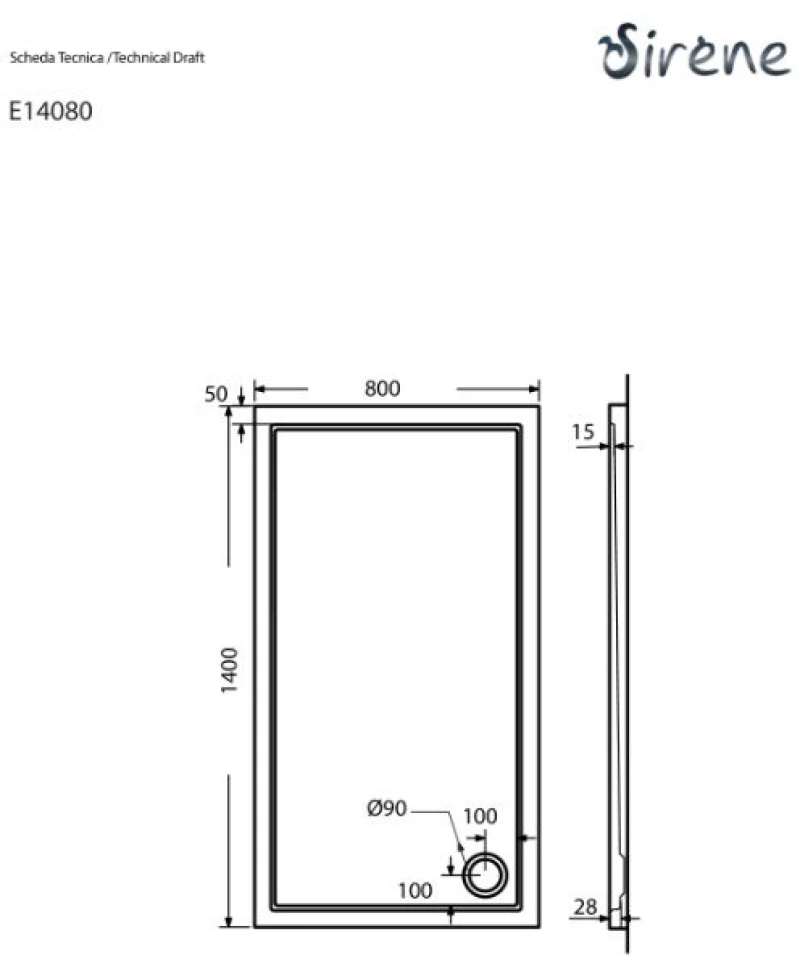 Ντουζιέρα Παραλληλόγραμμη Ακρυλική Sirene Extra Flat E14080-300 140x80x5.5cm Λευκή