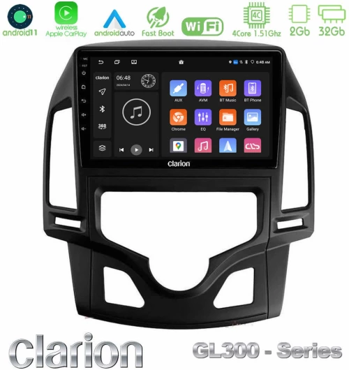 Clarion GL300 Series 4Core Android11 2+32GB Hyundai i30 2007-2012 Auto A/C Navigation Multimedia Tablet 9" Με Carplay & Android Auto