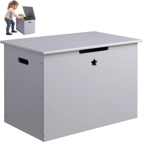Navaris Wooden Toy Chest - Πτυσσόμενο Παιδικό Σκαμπό / Κουτί με Αποθηκευτικό Χώρο για Παιχνίδια από Ξύλο Πεύκου - Star Design / Grey (55828.02)