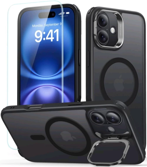 Θήκη & Αντιχαρακτικό Γυαλί Προστασίας Apple iPhone 16 - ESR Classic Hybrid HaloLock with Stash Stand Σετ Ανθεκτική MagSafe & Tempered Glass Οθόνης με KickStand - Frosted Black (4894240243626)