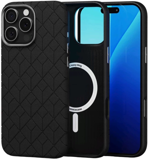 Θήκη iPhone 16 Pro Max Spacecase Classy Mag Σκληρή από Οικολογικό Δέρμα με MagSafe - Black (5905719112127)