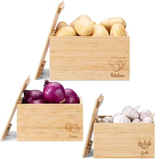 Navaris Bamboo Stackable Potato Onion Garlic Storage - Σετ με 3 Στοιβαζόμενα Κουτιά Αποθήκευσης Λαχανικών από Μπαμπού - Light Brown (60501.01)