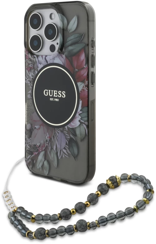 Guess “flowers With Pearl Strap” Hard Case Θήκη Προστασίας από Σκληρό Πλαστικό – Iphone 16 pro max (Μαύρο – Guhmp16xhfwbrcesk)