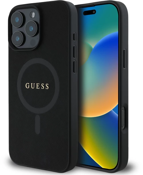 Guess “saffiano Classic Logo Collection” Hard Case Θήκη Προστασίας από Σκληρό Πλαστικό – Iphone 16 pro (Μαύρο  – Guhmp16lpsahmck)