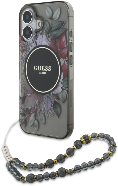 Guess “flowers With Pearl Strap” Hard Case Θήκη Προστασίας από Σκληρό Πλαστικό – Iphone 16 (Μαύρο – Guhmp16shfwbrcesk)