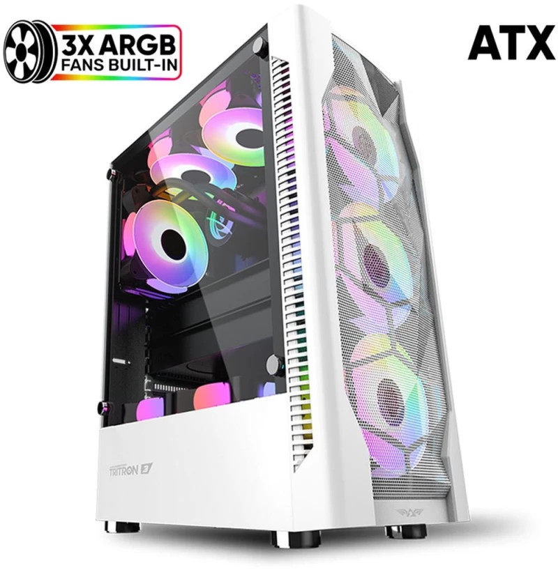 ARMAGGEDDON GAMING PC CASE DUAL CHAMBER WITH 3 ARGB FANS TRITRON 3 WHITE