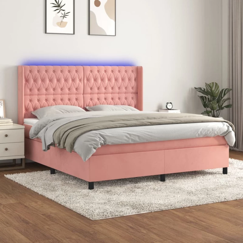 Κρεβάτι Boxspring με Στρώμα & LED Ροζ 160x200 εκ. Βελούδινο Ροζ 3139756