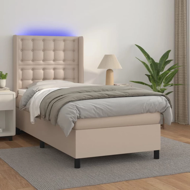 Κρεβάτι Boxspring Στρώμα&LED Καπουτσίνο 90x190 εκ. Συνθ. Δέρμα Καφέ 3139360
