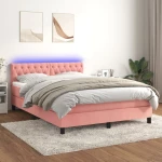 Κρεβάτι Boxspring με Στρώμα & LED Ροζ 140x200 εκ. Βελούδινο Ροζ 3134590