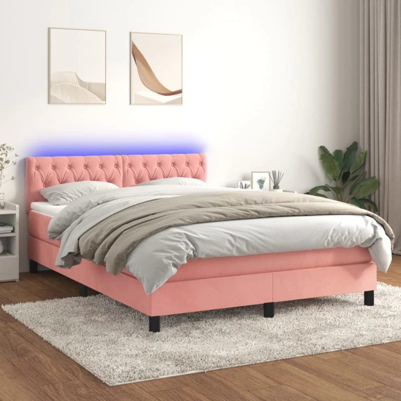 Κρεβάτι Boxspring με Στρώμα & LED Ροζ 140x200 εκ. Βελούδινο Ροζ 3134590